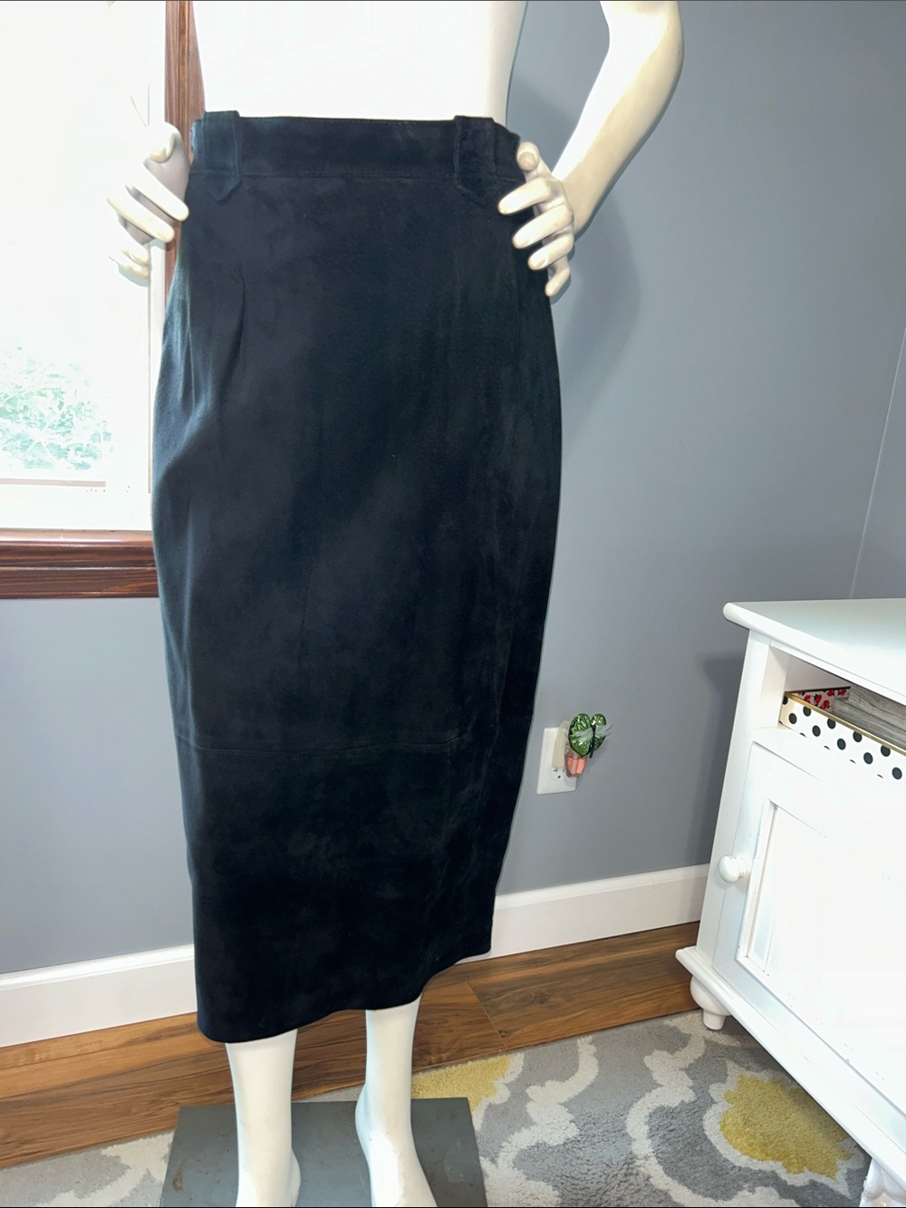Vintage Bushwacker Black Leather Suede Pencil Skirt With Button Detail
